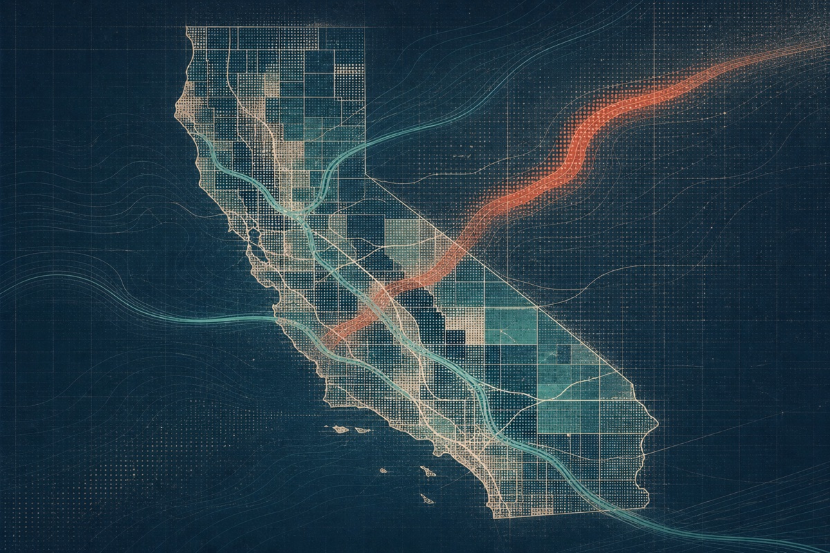 Editorial map of California traffic and demographic patterns