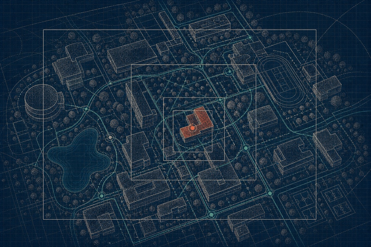 Editorial illustration of a searchable university campus map