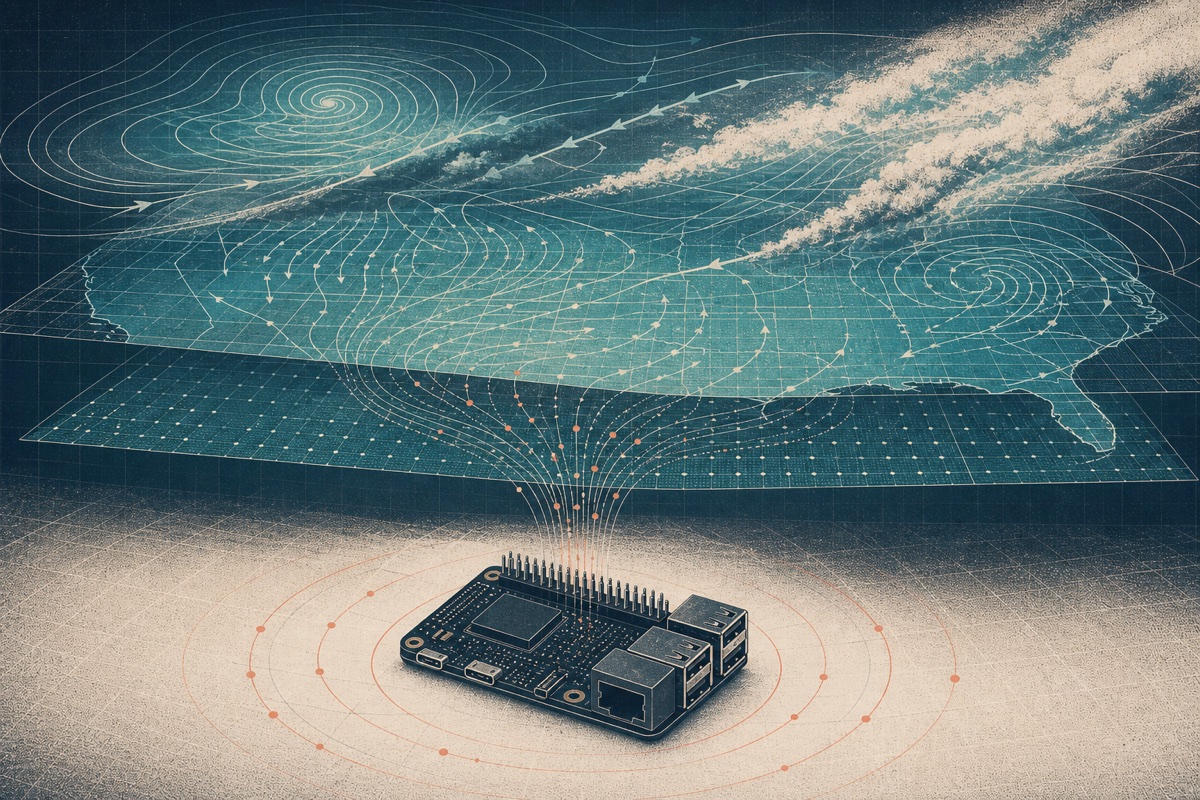 Editorial illustration of weather data flowing into compact computing hardware
