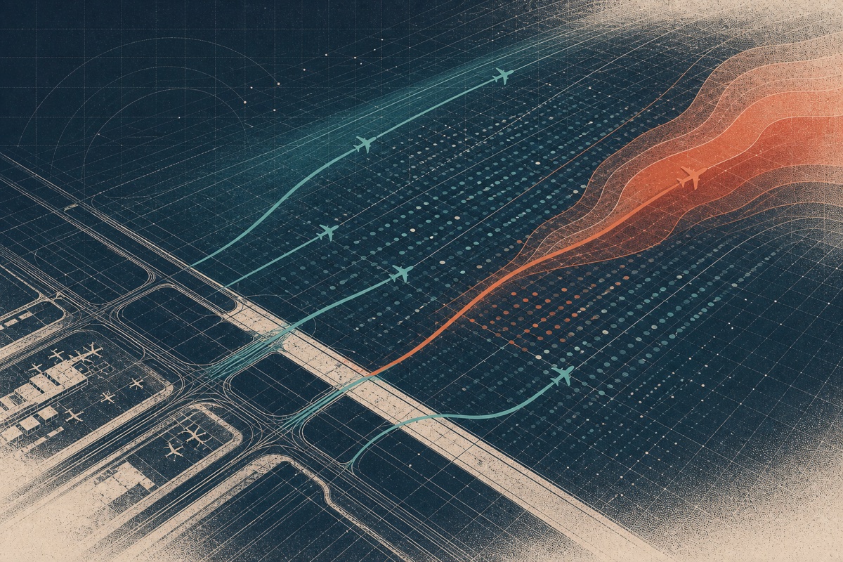 Editorial illustration of flight paths and a diverging delay signal