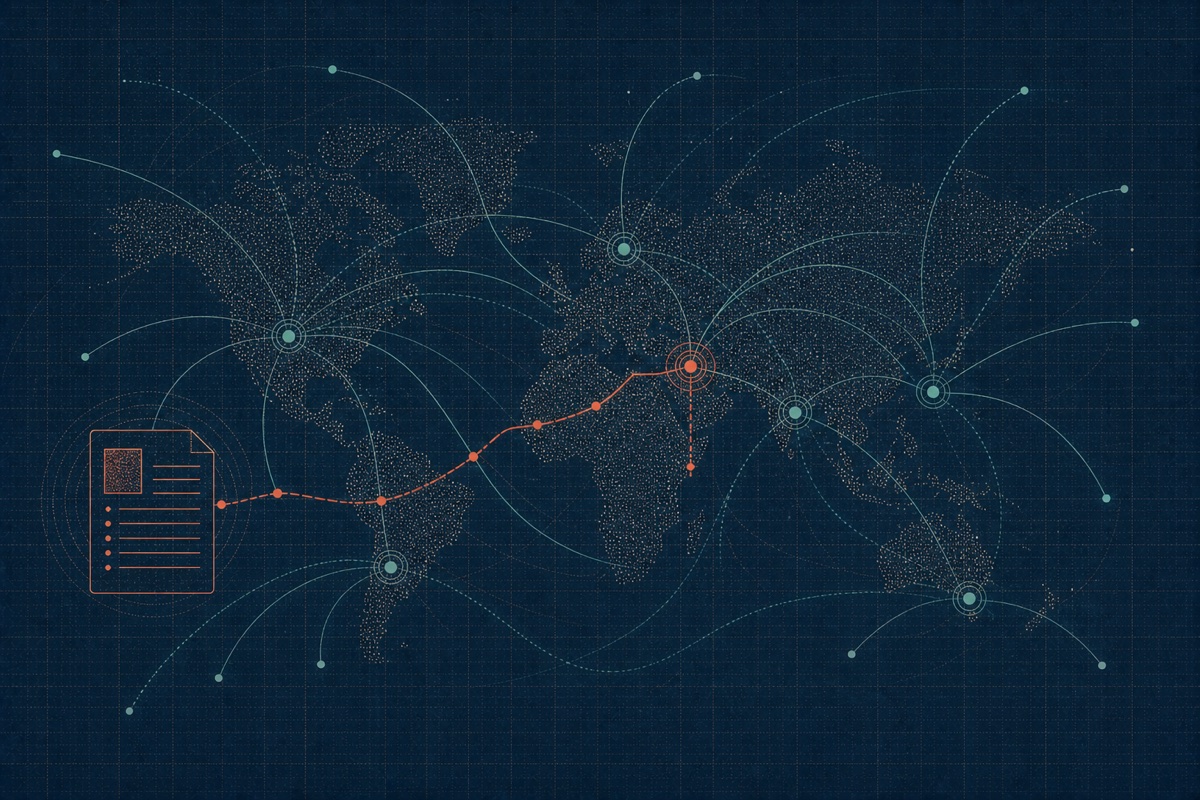 Editorial world map connecting news stories to locations