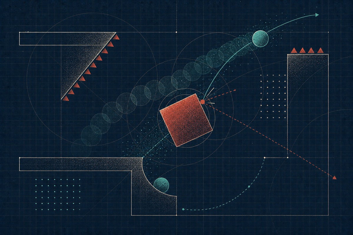 Editorial illustration of motion and collision in an interactive game