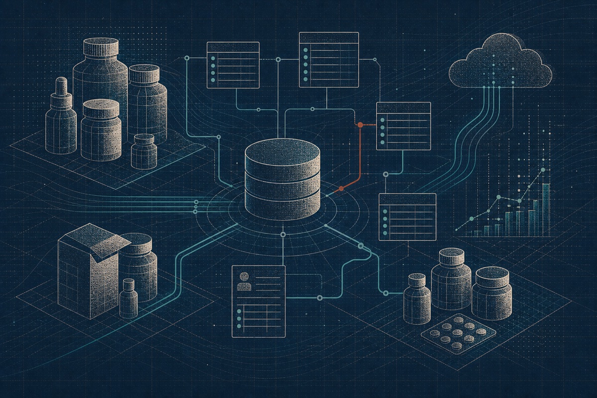 Editorial illustration of a relational pharmacy database