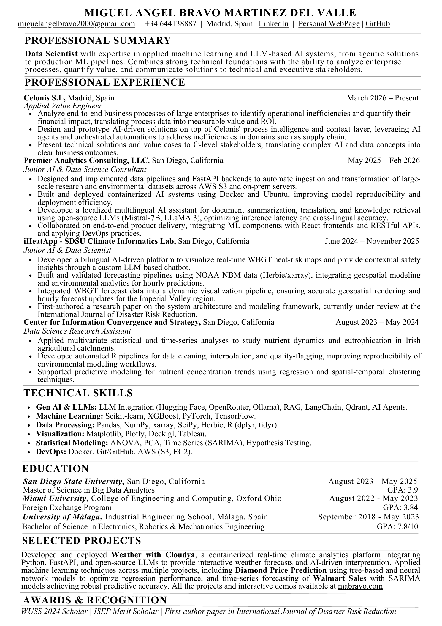 Preview of Miguel Bravo's one-page résumé