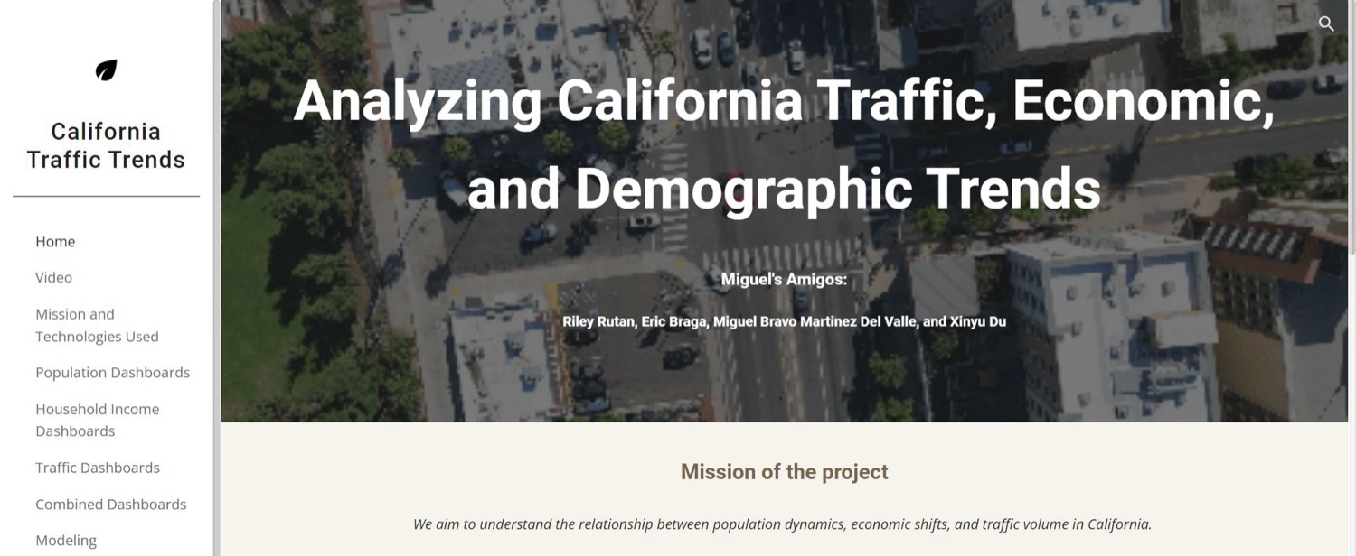 California traffic trends project website with an aerial road image