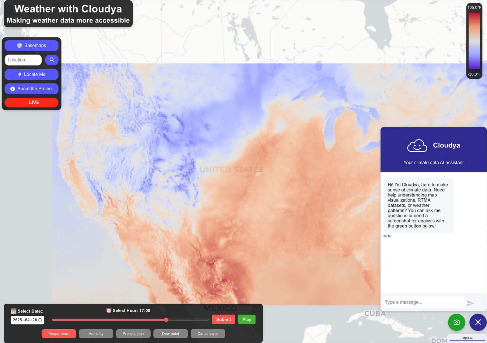 Weather with Cloudya interface showing a national temperature map and AI assistant